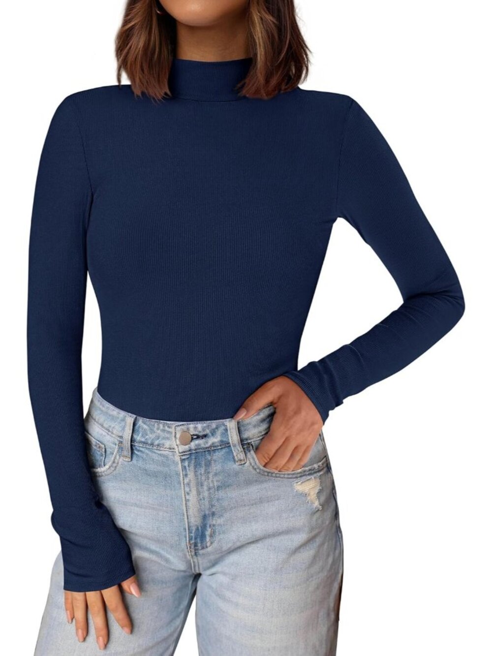 Women's Navy Ribbed Knit Mock Turtleneck Long Sleeve Undershirts Slim Fit Top